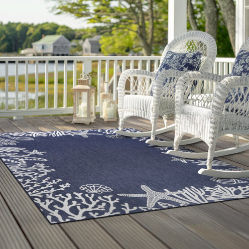 Beachcrest Home Seraphine Coastal Flatweave Navy Indoor /Outdoor Area ...